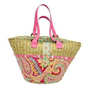 Retired Vera Bradley Large Straw Tote Beach Bag Pink Capri Melon